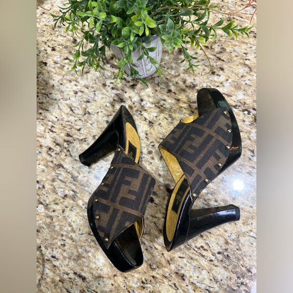 FENDI Zucca Wooden Clogs w/ Gold Studs Sandals 36 - Picture 5 of 10